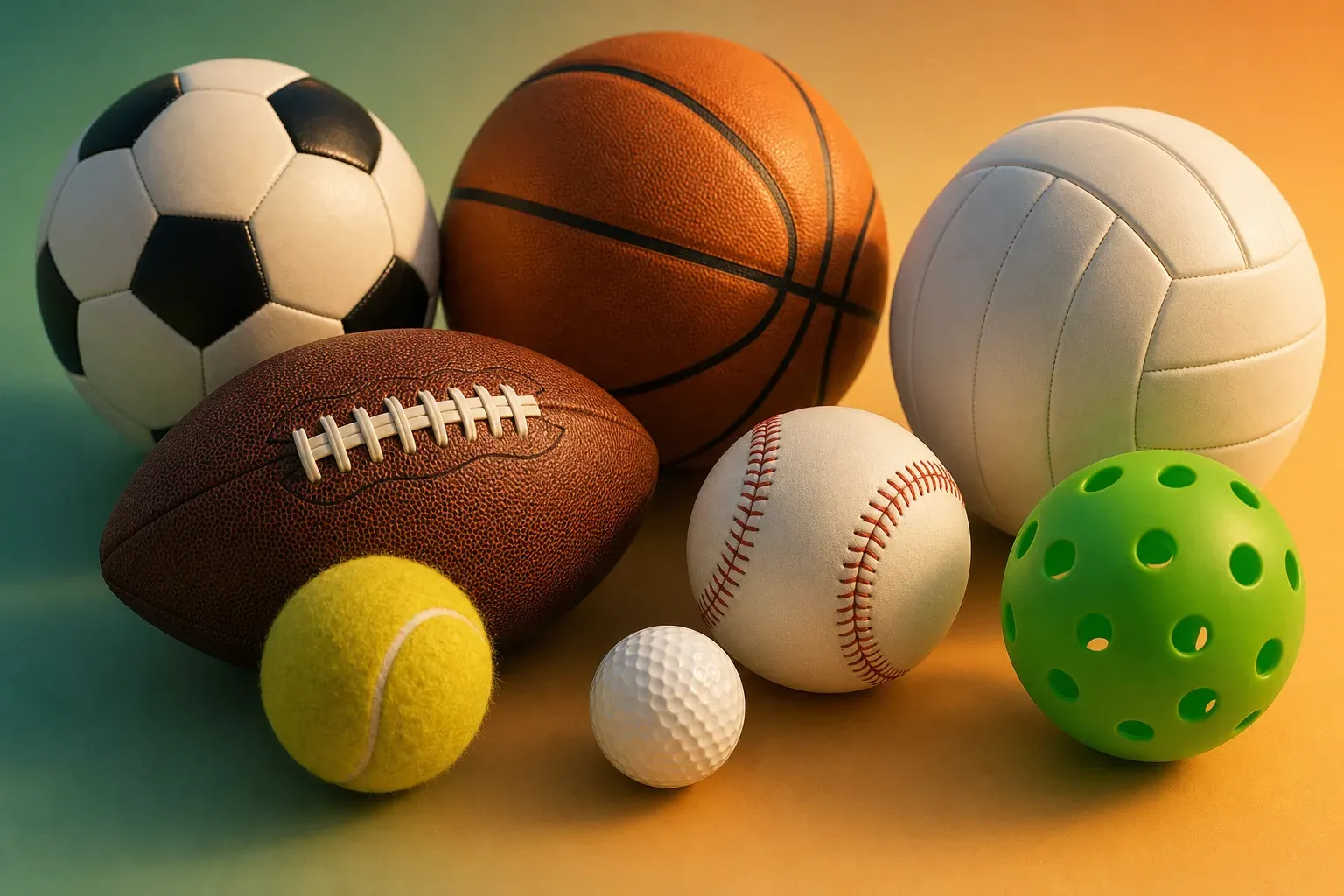 A relaxed arrangement of balls from many sports — soccer, basketball, volleyball, football, tennis, baseball, golf and pickleball — on a warm green-to-orange background.